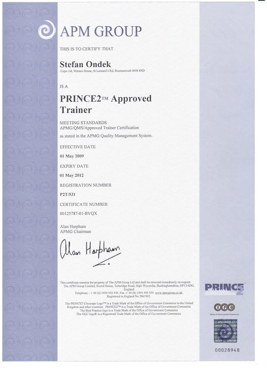 certifikát PRINCE2 Approved Trainer Štefan Ondek 2009-2012